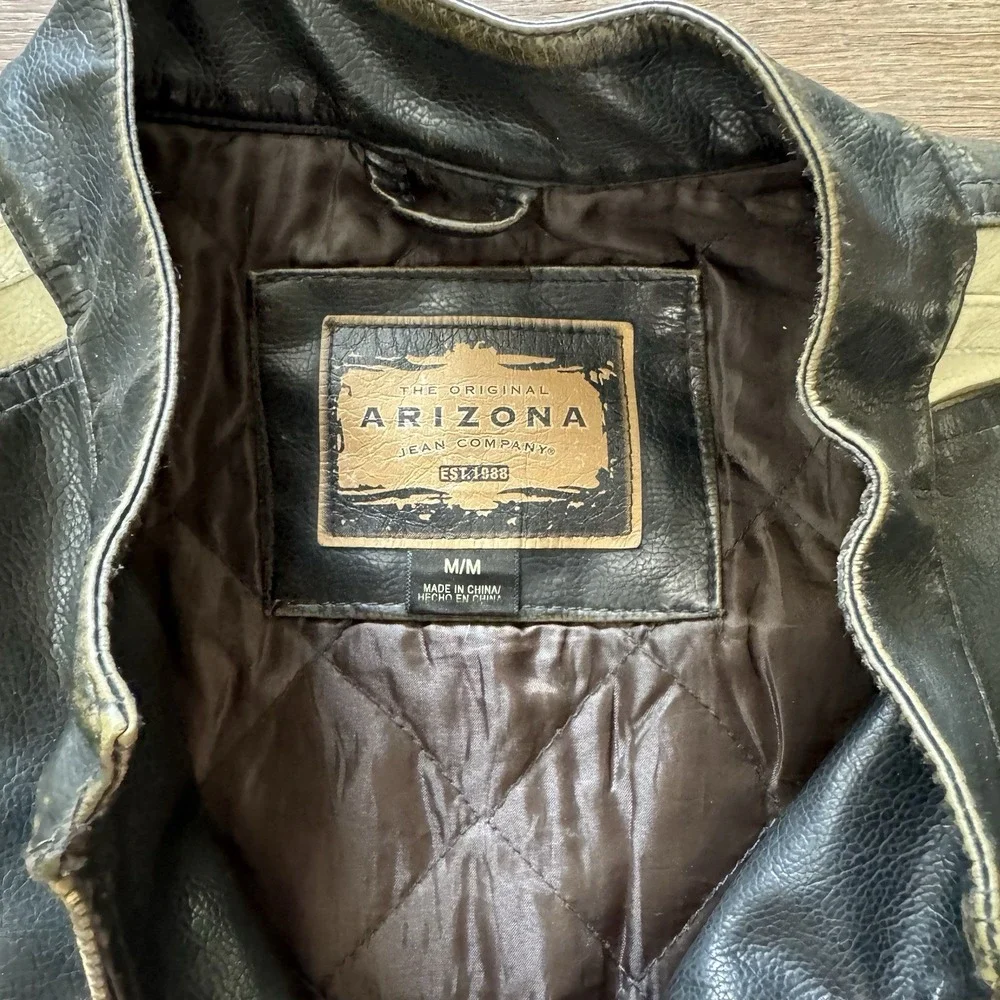 Vintage Arizona Faux Leather Jacket M Cafe Racer Moto Biker Striped Black Mens - Picture 4 of 8